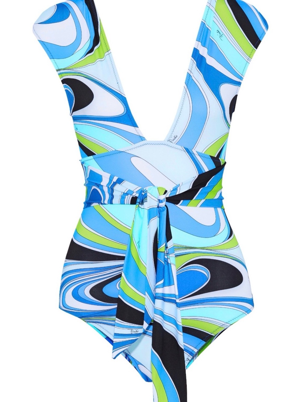 Emilio Pucci Blue, Light Blue & Green Swirl One-Piece Swimsuit with Waist Tie